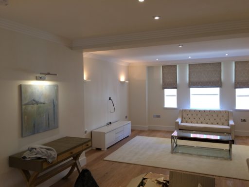 Bright, modern living room with a minimalist design, including a sofa and decorative painting.