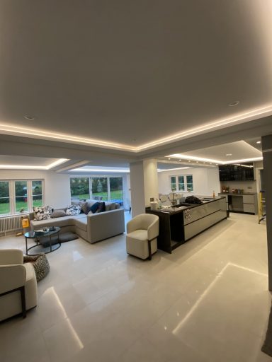 Modern living room and kitchen with sleek furniture and large windows, allowing natural light.
